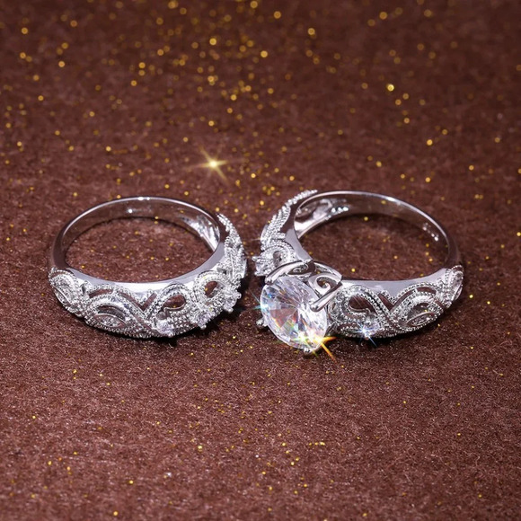 Luxury Vintage Silver Flower Engagement/Wedding Ring Set for Couple, VIP275 - Picture 3 of 6